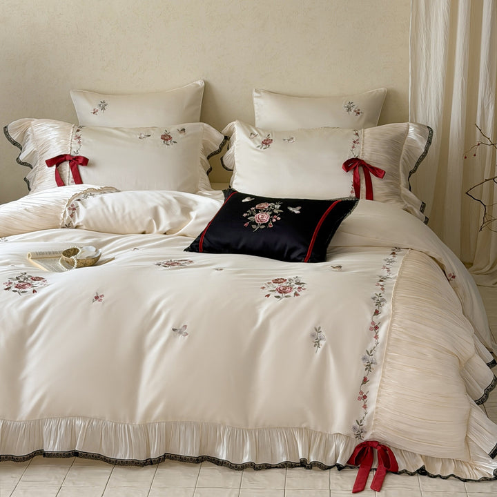 Exquisite cotton satin bedding set with floral embroidery, pleated ruffle and decorative bows
