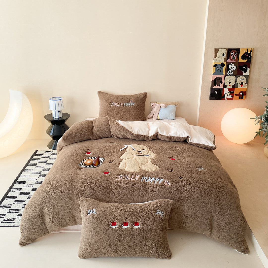 Plush bedding set with Sherpa finish, quilted cozy blanket, and embroidered puppy motif Kalsten