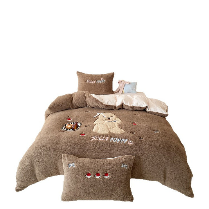 Plush bedding set with Sherpa finish, quilted cozy blanket, and embroidered puppy motif Kalsten