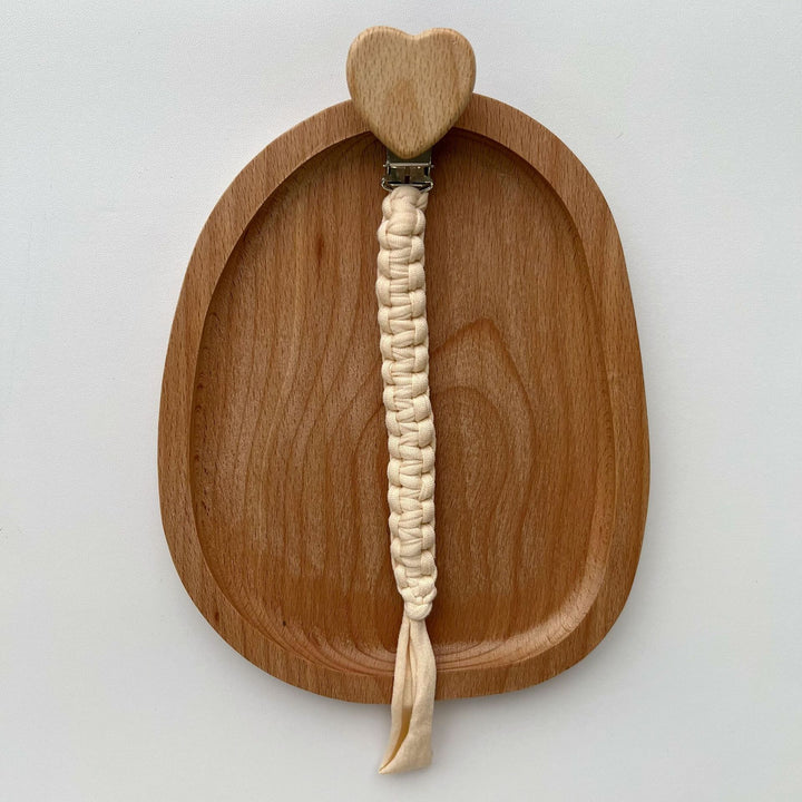 Braided Fabric Pacifier Clip with Wooden Heart Safety Clamp