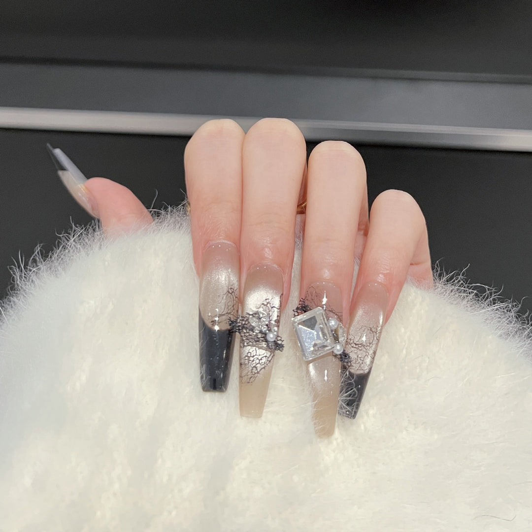 Artistic Press-On Nail Set with Unique Lace and Gemstone Accents Kalsten