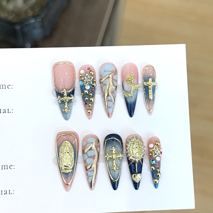Artistic Decorative Press-On Nail Set with Gemstone Accents