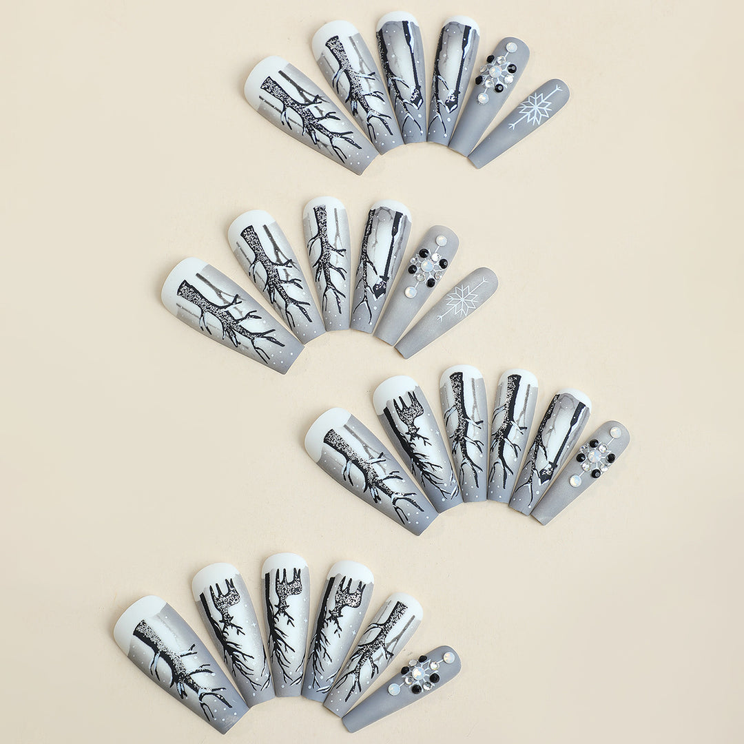 Fashionable Press-On Nail Art Set with Elegant Winter Tree Design Kalsten