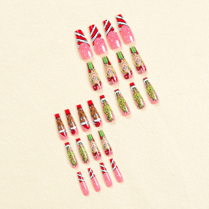 Artificial nail set with festive motifs and charming Grinch design Kalsten