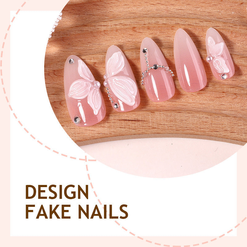 Artificial nails with delicate butterfly design and glitter accents Kalsten
