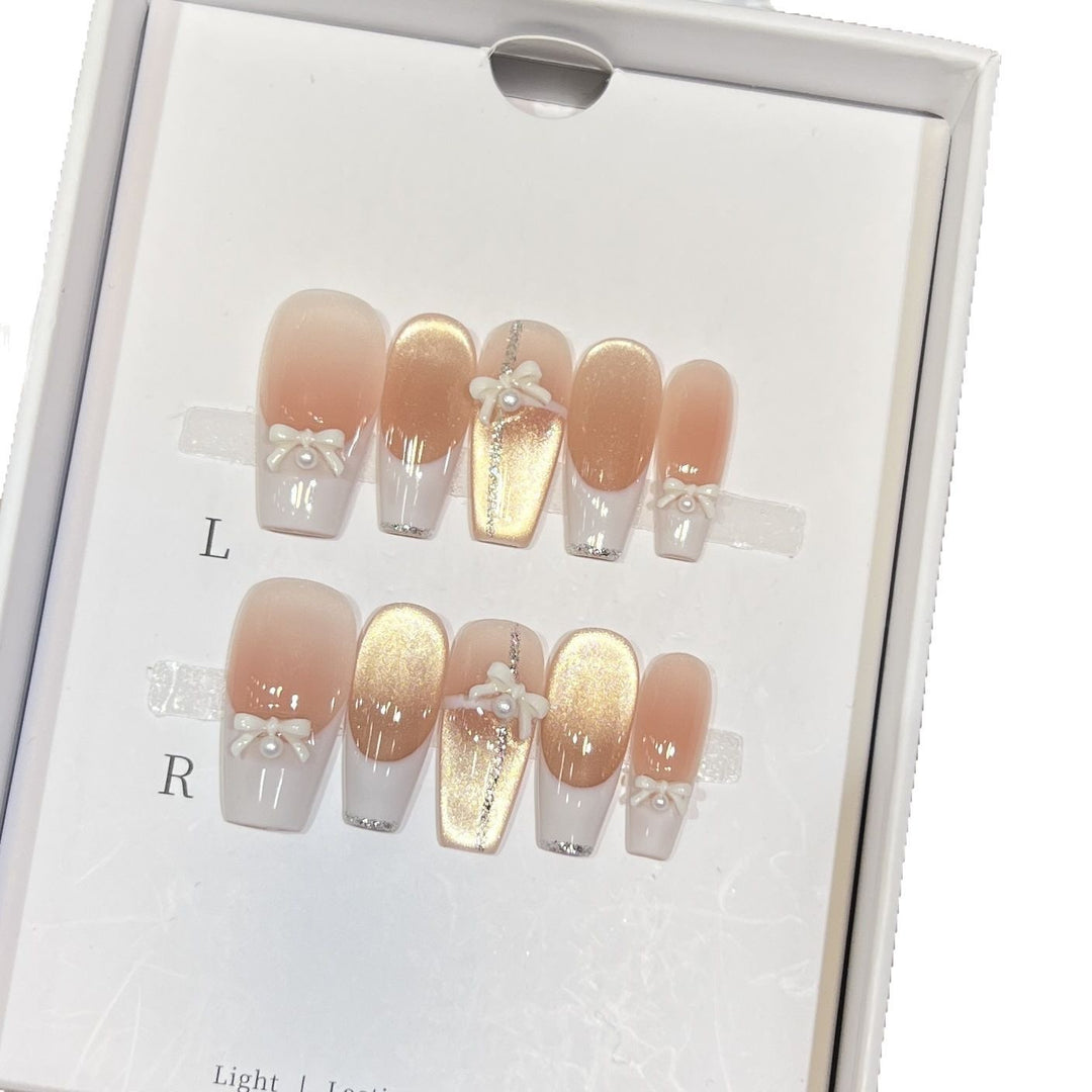 Elegant Reusable Press-On Nail Art Set with Pearl and Glitter Accents Kalsten