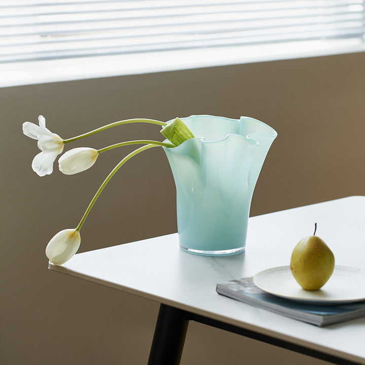 Handblown Tall Ruffled Rim Glass Vase Kalsten