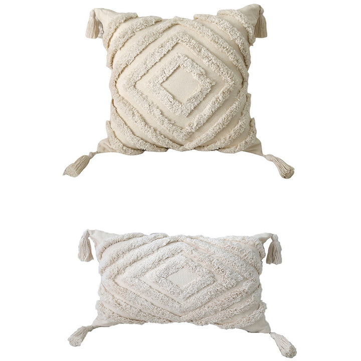 Artisanal Tufted Pom-Pom Cotton Square & Lumbar Tassel Accent Pillow Set with Removable Covers