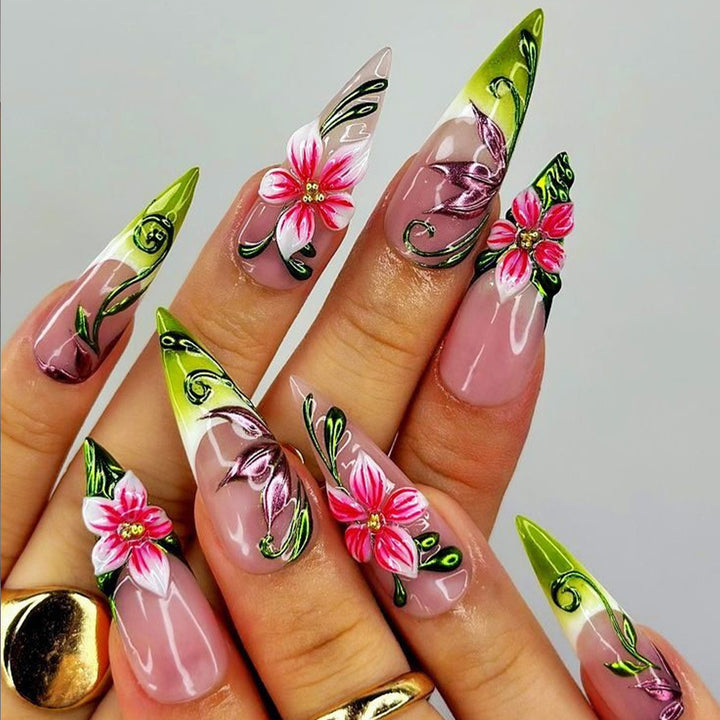 Artificial nails with intricate floral pattern and elegant gradient Kalsten