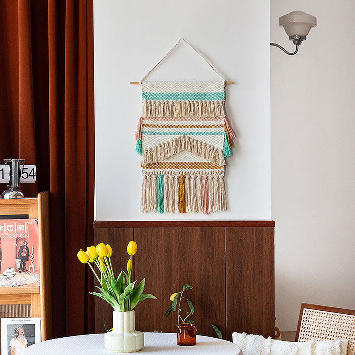 Woven Boho wall tapestry with macrame fringes and handcrafted textured relief Kalsten