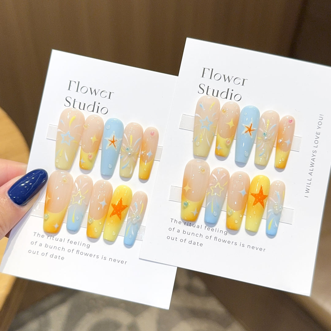 Artificial Nails Set with Colorful Stars and Floral Design Kalsten