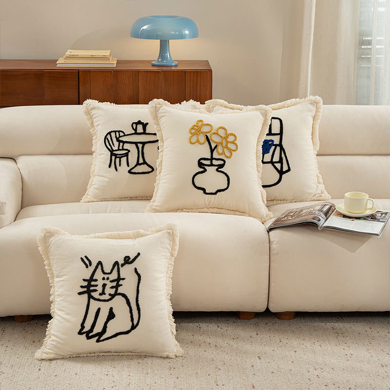 Woven decorative pillow cover with embroidered café motif and decorative fringe edge Kalsten