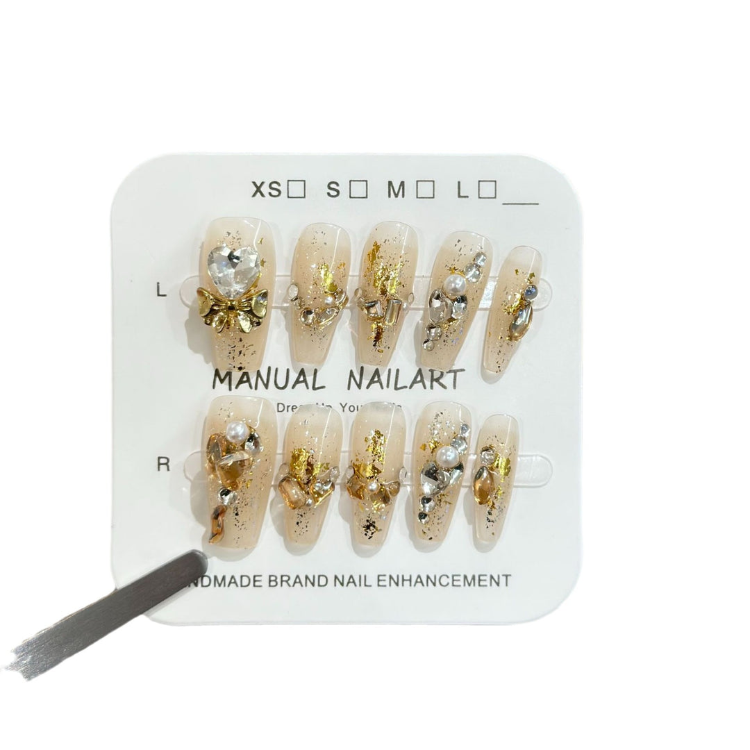 Decorative Press-On Nail Art Set with Gemstone and Bow Accents