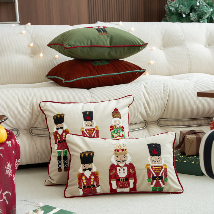 Christmas decorative pillow with nutcracker embroidery and piping edge