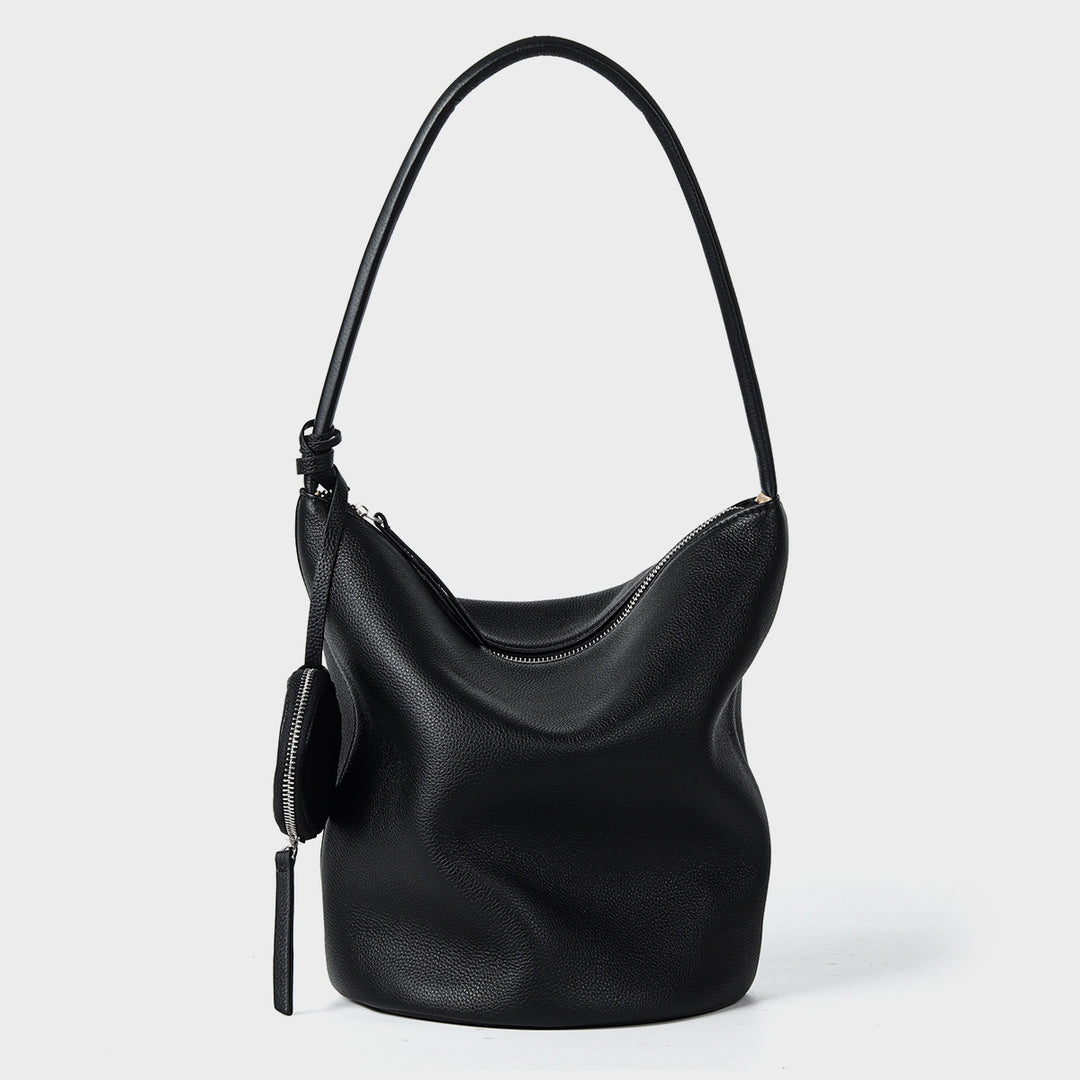 Slouchy Pebbled Bucket Hobo Bag with Curved Top Zip and Hanging Coin Pouch