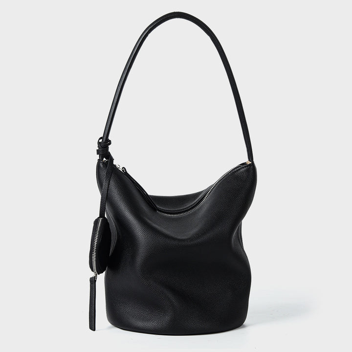 Slouchy Pebbled Bucket Hobo Bag with Curved Top Zip and Hanging Coin Pouch