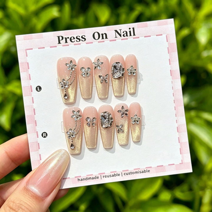 Artistic Press-On Nail Set with Tropical and Floral Accents