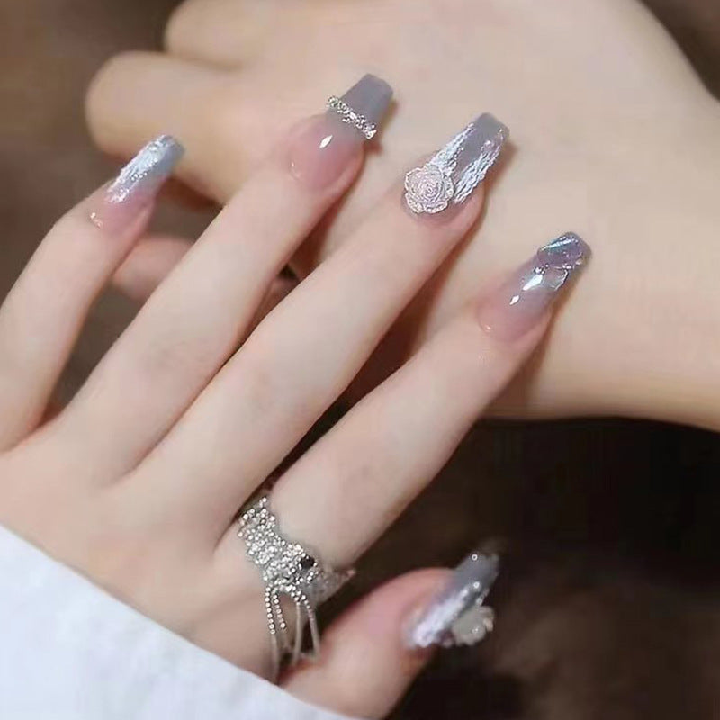Artificial nail set with delicate rose and glitter decorations Kalsten