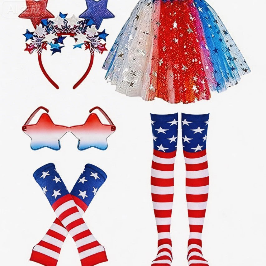 Women's patriotic carnival costume set with layered tulle skirt elastic waistband bow hairband thigh-high stockings and arm warmers Kalsten