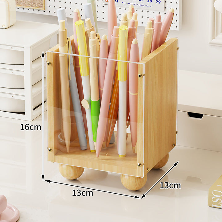 Wooden Desktop Pen & Stationery Organizer with Smoked Acrylic Panel and Rounded Feet