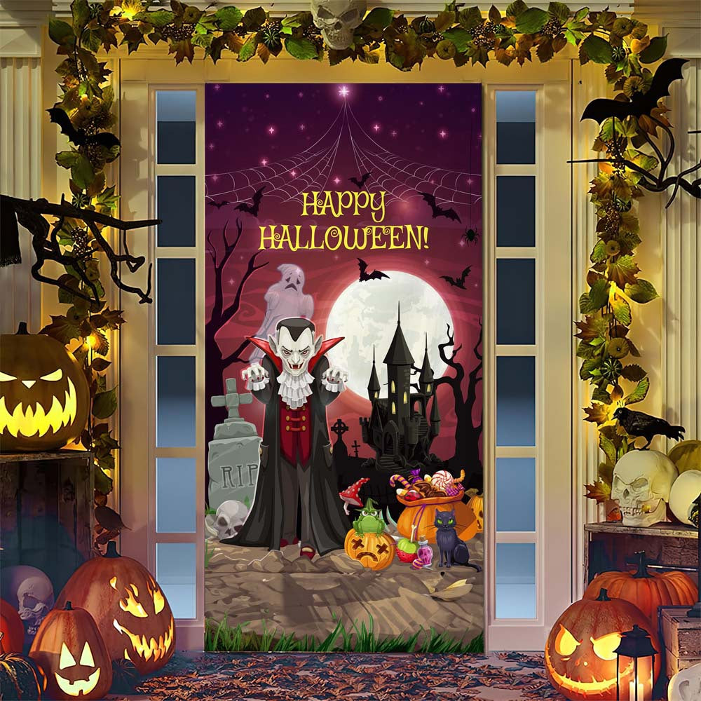 Halloween door poster with large-format Grim Reaper illustration and reusable PVC tarp fabric