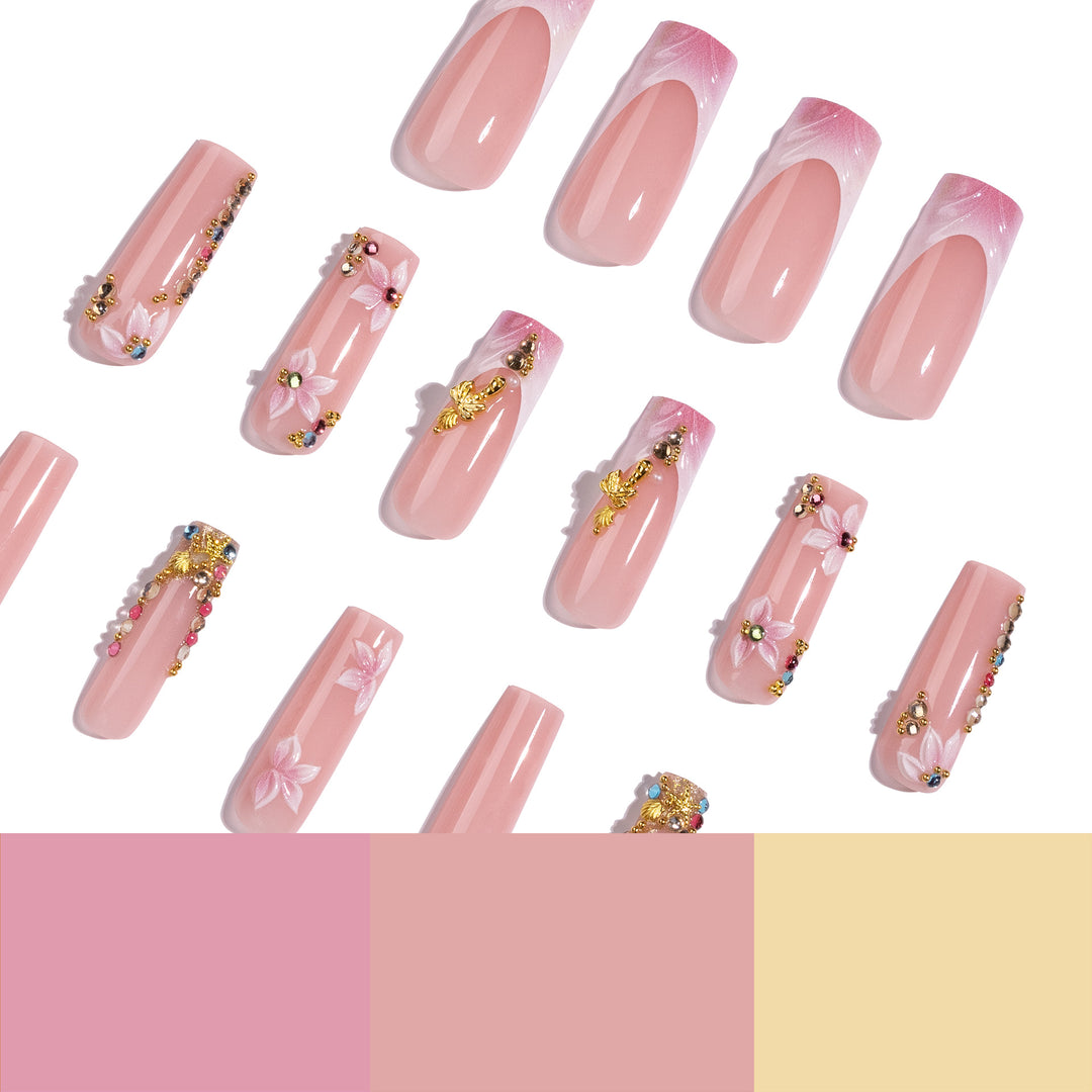 Artistic Nail Extensions with Rhinestone and Flower Embellishments Kalsten