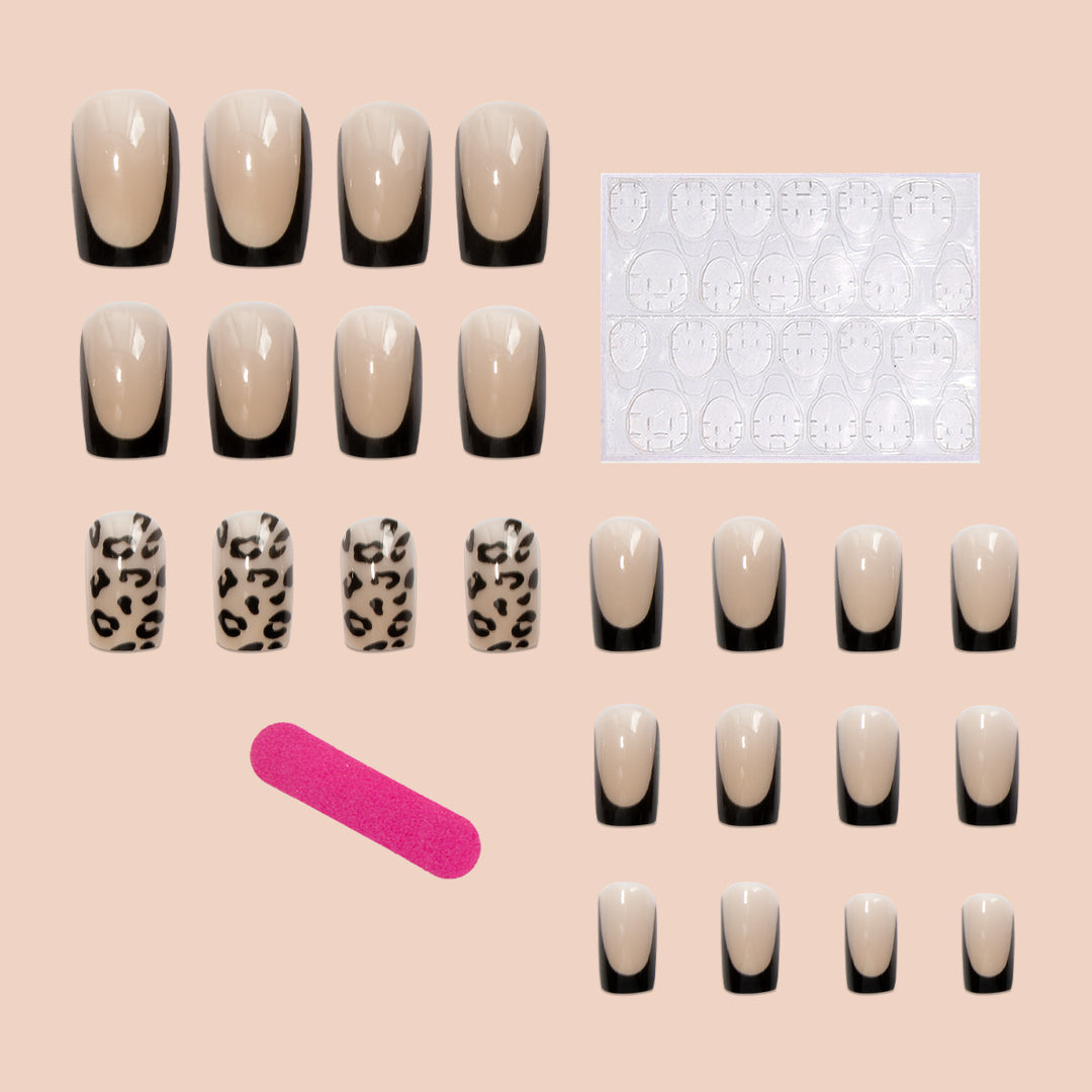Artificial nail set with elegant leopard motif and black French design Kalsten