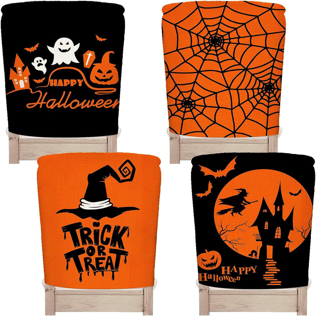 festive Halloween chair covers made of stretchable polyester with witch hat and lettering design