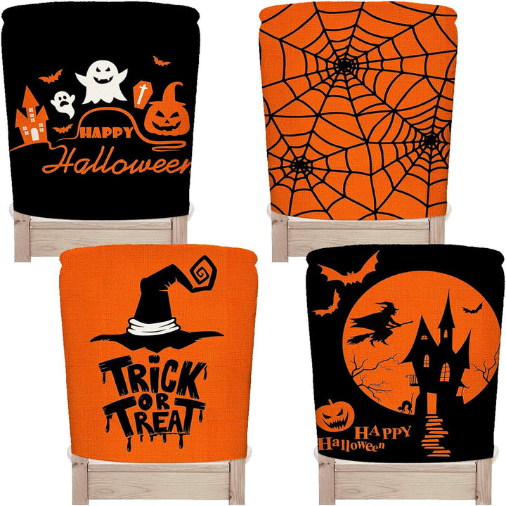 festive Halloween chair covers made of stretchable polyester with witch hat and lettering design