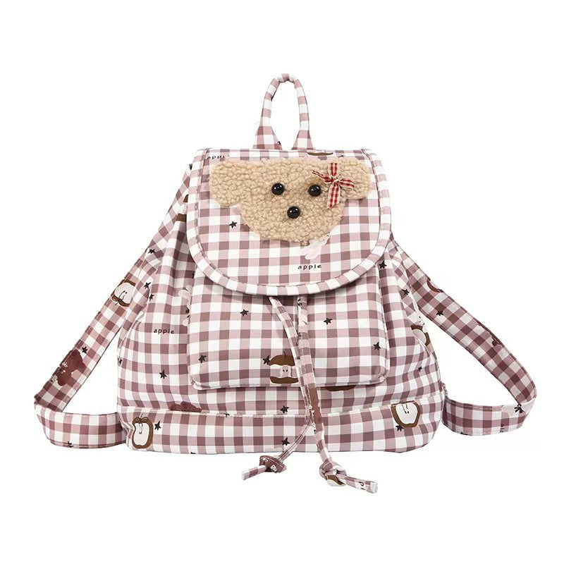 Backpack with Charming Plush Bear Motif and Playful Checkered Pattern Kalsten