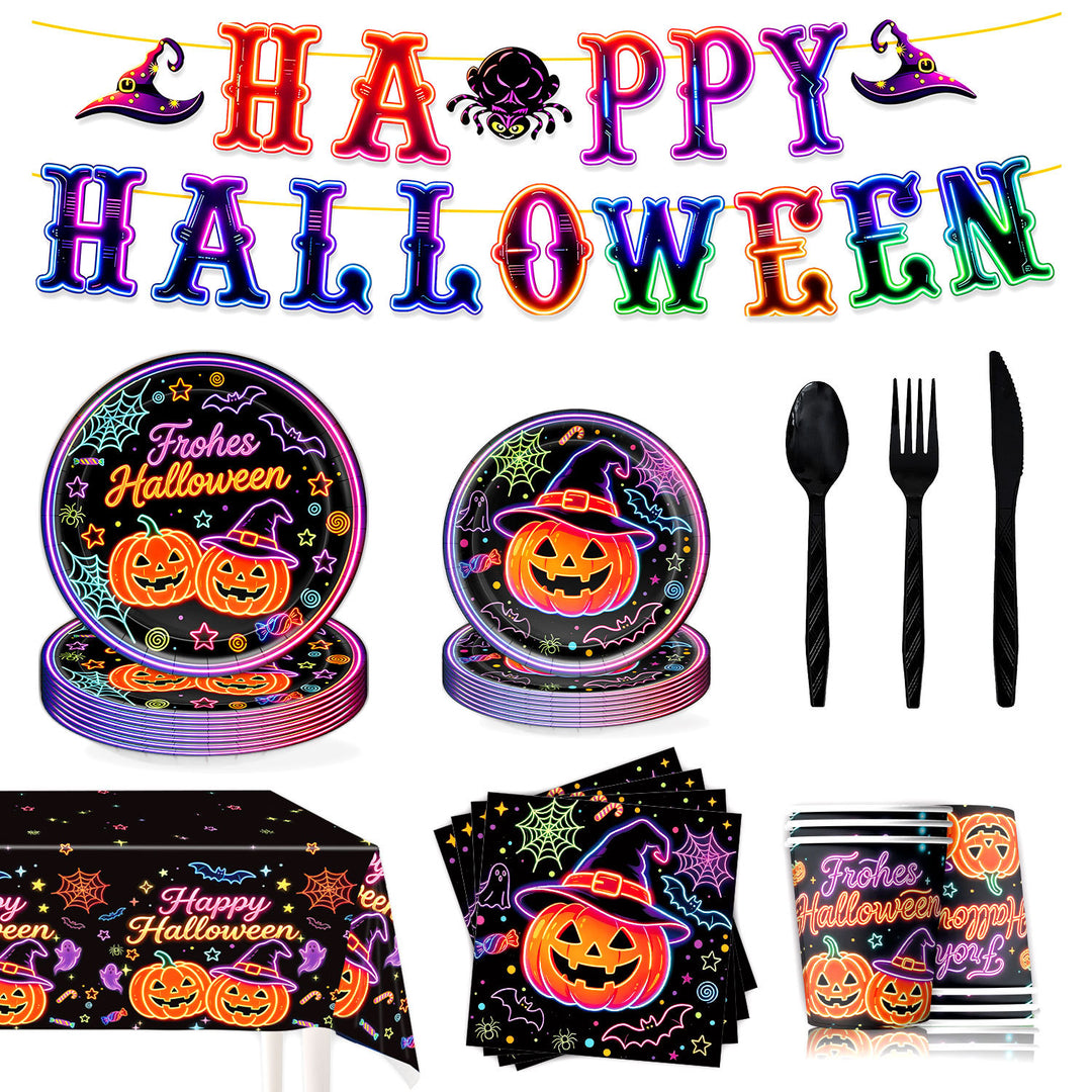 Complete Halloween Party Table Decoration Set with Neon Pumpkin Design Disposable Dinnerware and Garland