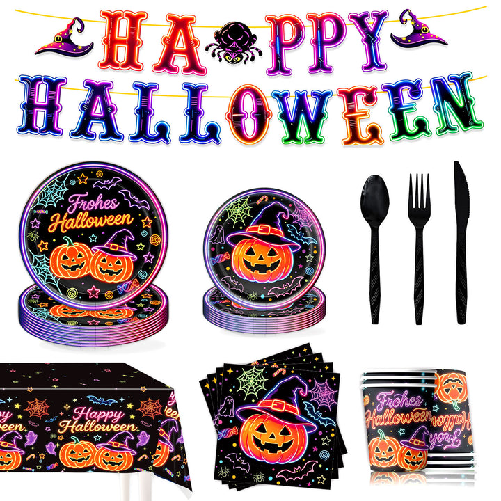 Complete Halloween Party Table Decoration Set with Neon Pumpkin Design Disposable Dinnerware and Garland
