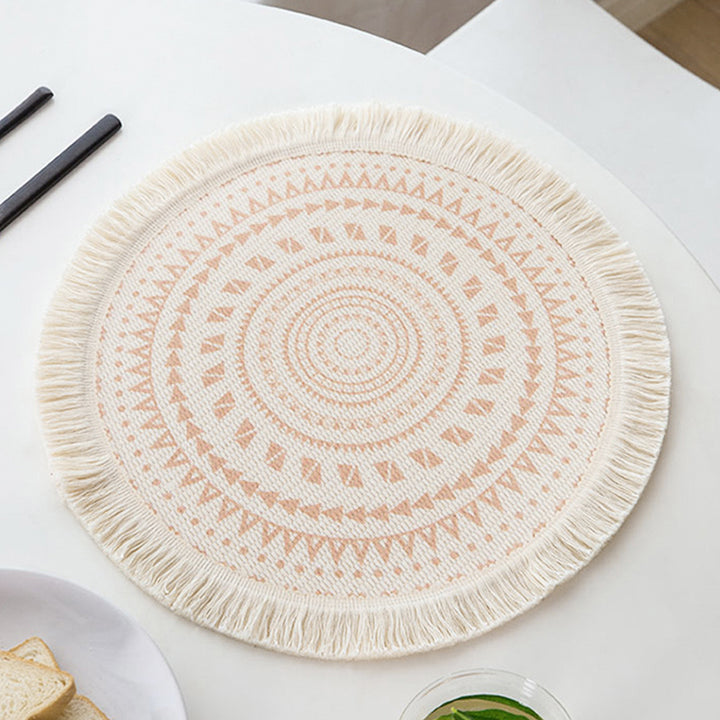 Round woven placemat with fringes and mandala jacquard structure Kalsten