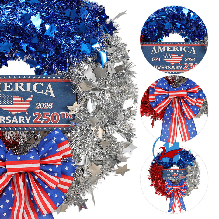 Unisex nan more patriotic door wreath made of tinsel with star embellishments and large bow Kalsten