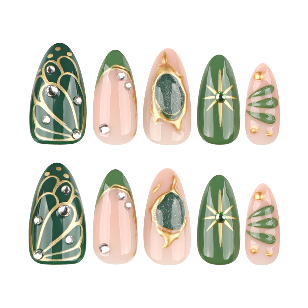 Artistic nail extensions with elegant gold and green shimmer Kalsten