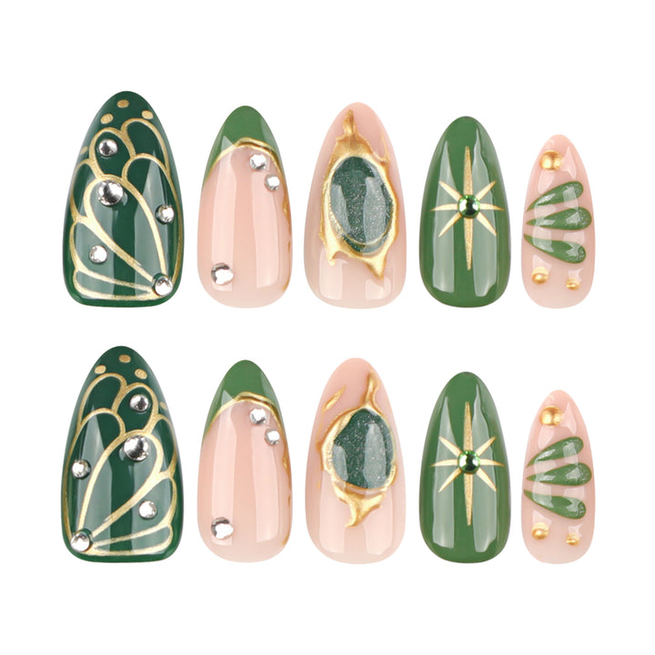 Artistic nail extensions with elegant gold and green shimmer Kalsten