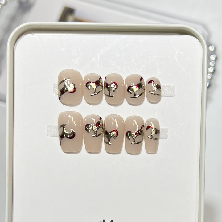 Premium Press-On Nail Art Set with Elegant Heart & Leaf Design Kalsten