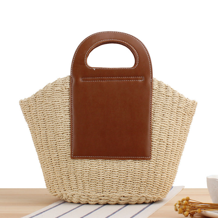 Tote bag made of braided natural material with elegant leather back Kalsten