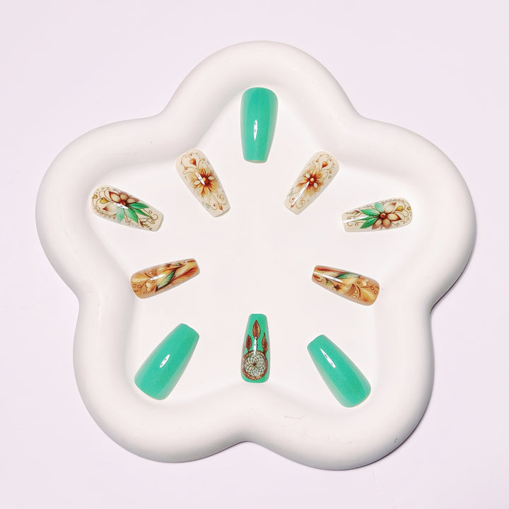 Creative artificial nails with floral and dreamcatcher design elements Kalsten