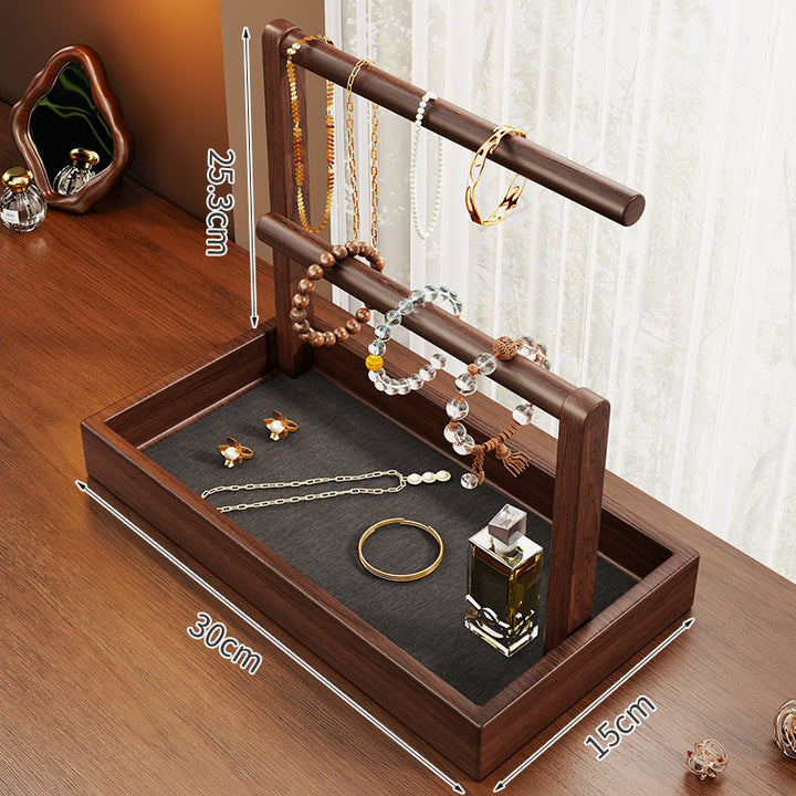 Wooden Tiered Jewelry Display Stand with Triple Rods and Catchall Tray