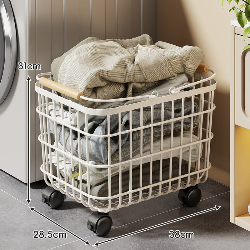 Rolling Wire Mesh Laundry Basket with Wooden Handles and Locking Swivel Casters