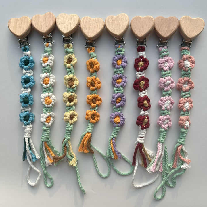Cotton Crochet Floral Pacifier and Teether Clip with Wooden Heart Safety Clip