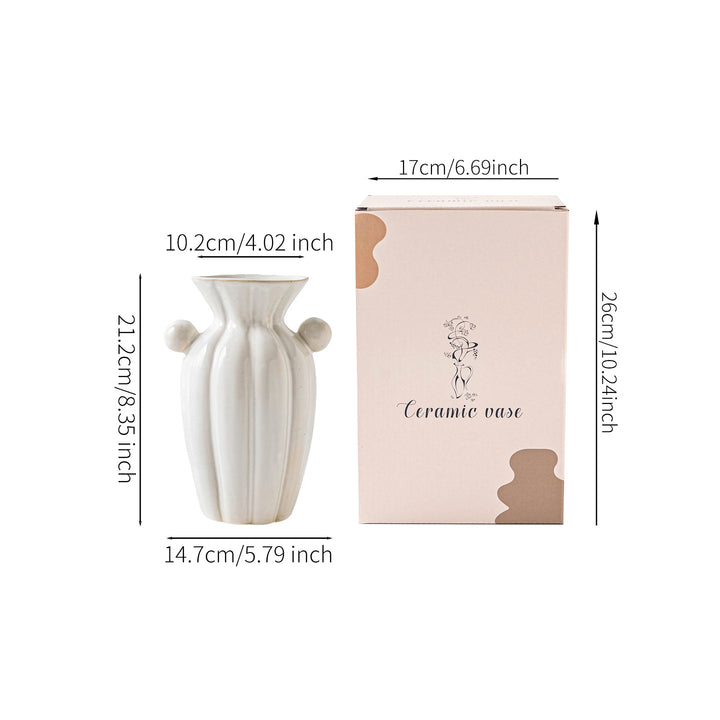 Hand-crafted fluted ceramic decorative vase with sculpted side handles
