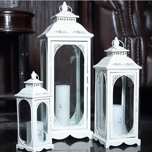 Nesting Coastal Ornate Metal and Glass Candle Lanterns for Tabletop Decor Kalsten