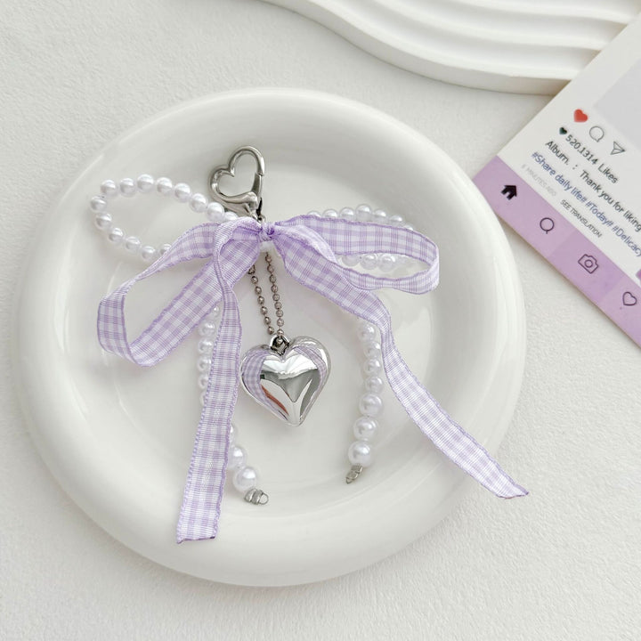 Heart-Shaped Charm Keychain with Pearls and Bow Kalsten