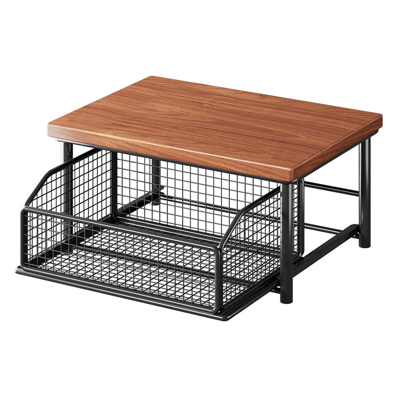 Countertop Bamboo-Top Metal Mesh Sliding Storage Shelf with Pull-Out Basket