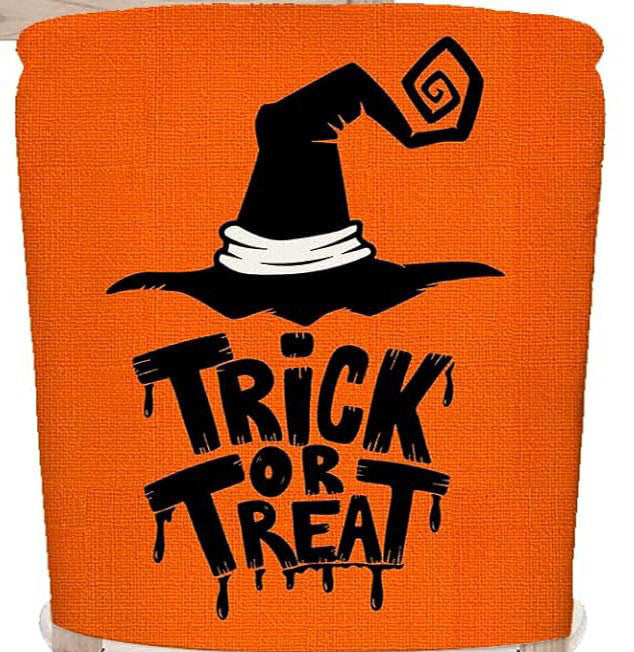 festive Halloween chair covers made of stretchable polyester with witch hat and lettering design
