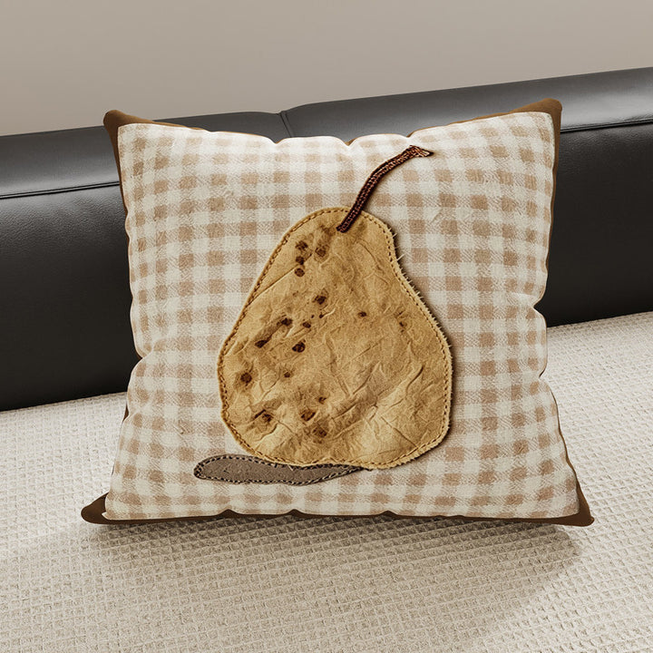 Decorative Gingham Embroidered Pear Appliqué Throw Pillow Cover