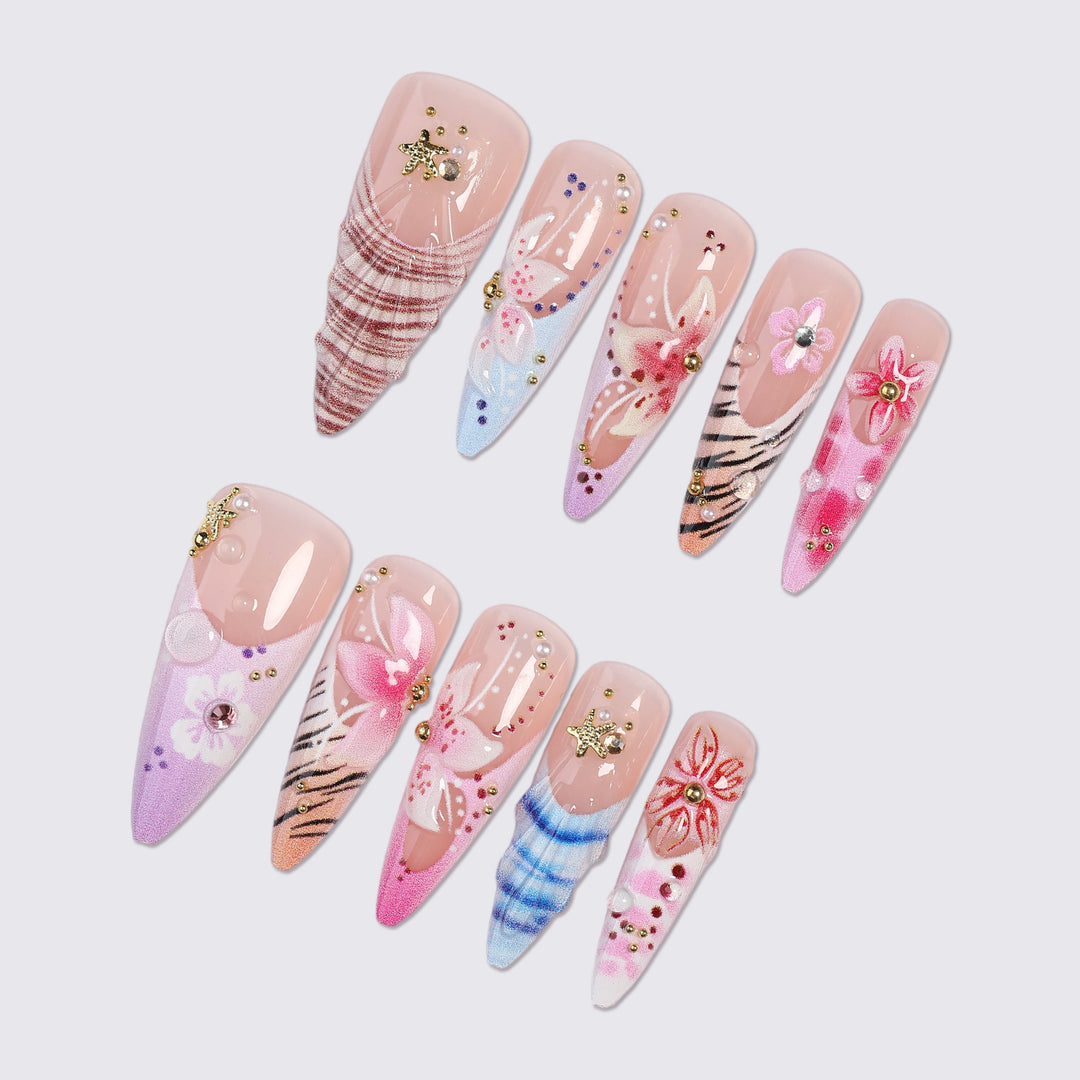Artistic Press-On Nail Set with Floral and Gemstone Accents kalsten