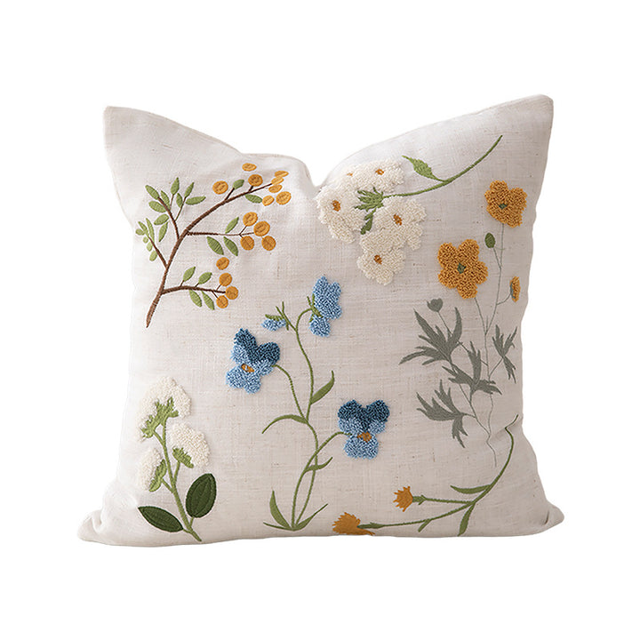 Decorative cushion cover linen look with hand-embroidered wildflowers and concealed zipper Kalsten